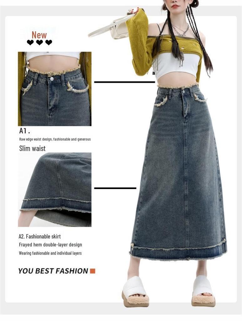 Summer Frayed A-line Hip-Hugging Denim Skirt - Retro Fashion, Niche, High Waist for Women