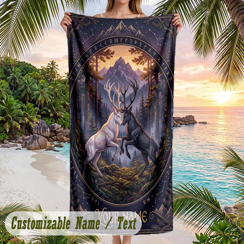 Forest Creatures Night Theme Quick Dry Beach Towel Custom Name Text Print Large Sand Resistant Towel Beach Vacation