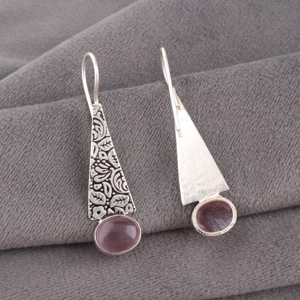 Natural Purple Cat's Eye Gemstone 925 Fine Silver Jewelry Handmade Earrings 1.9" EE-165-41