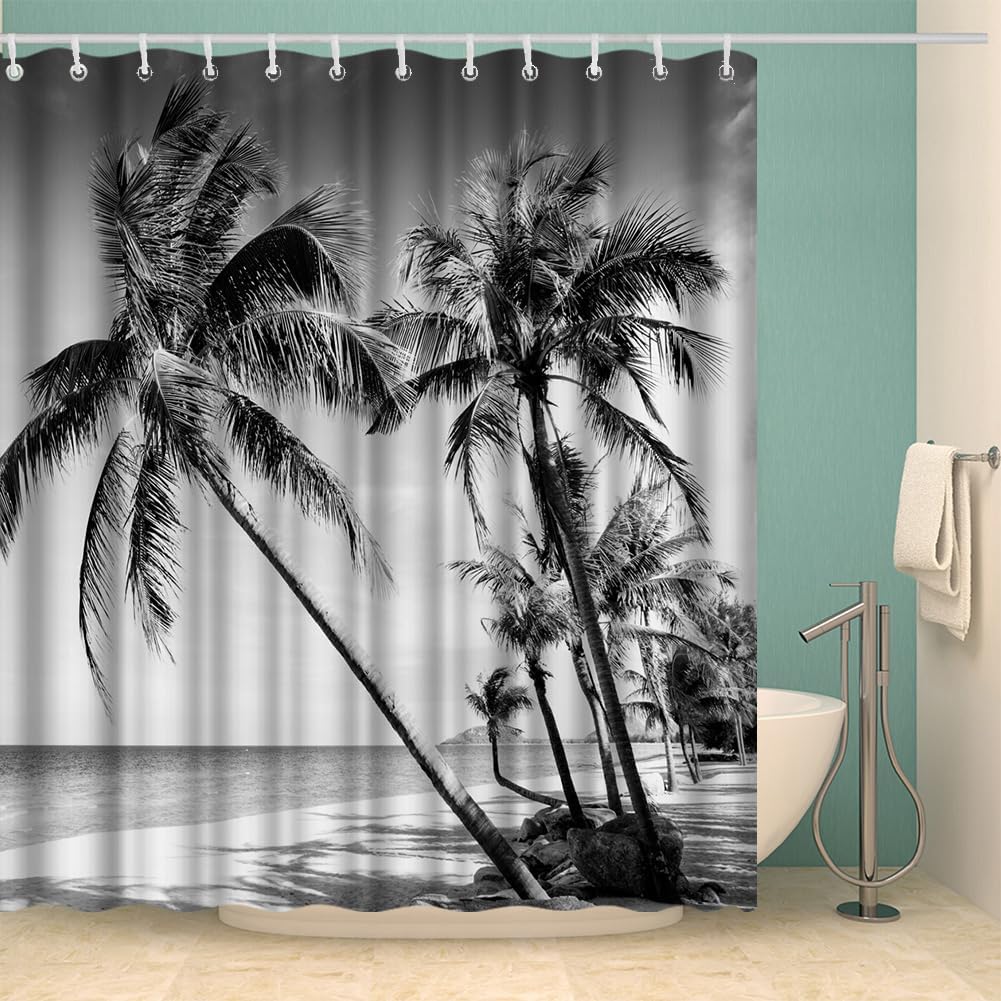 Beach Shower Curtain Tropical Palm Tree Landscape Black And White Waterproof Fabric Curtain Decoration With 12 Hooks