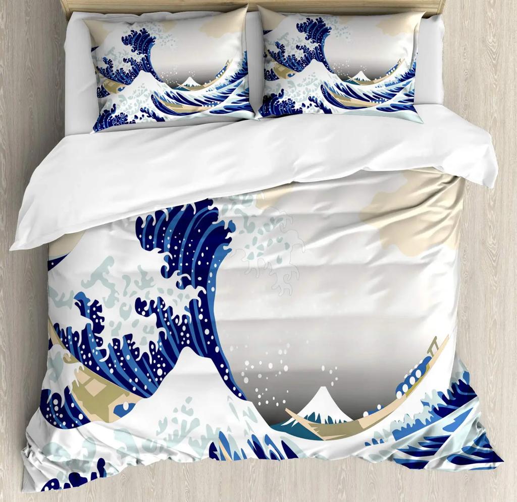 Japanese Duvet Cover SetGirl In Traditional Dress and Cultural Patterns Antique Eastern Collage Bedding Sets FullBrown Cream