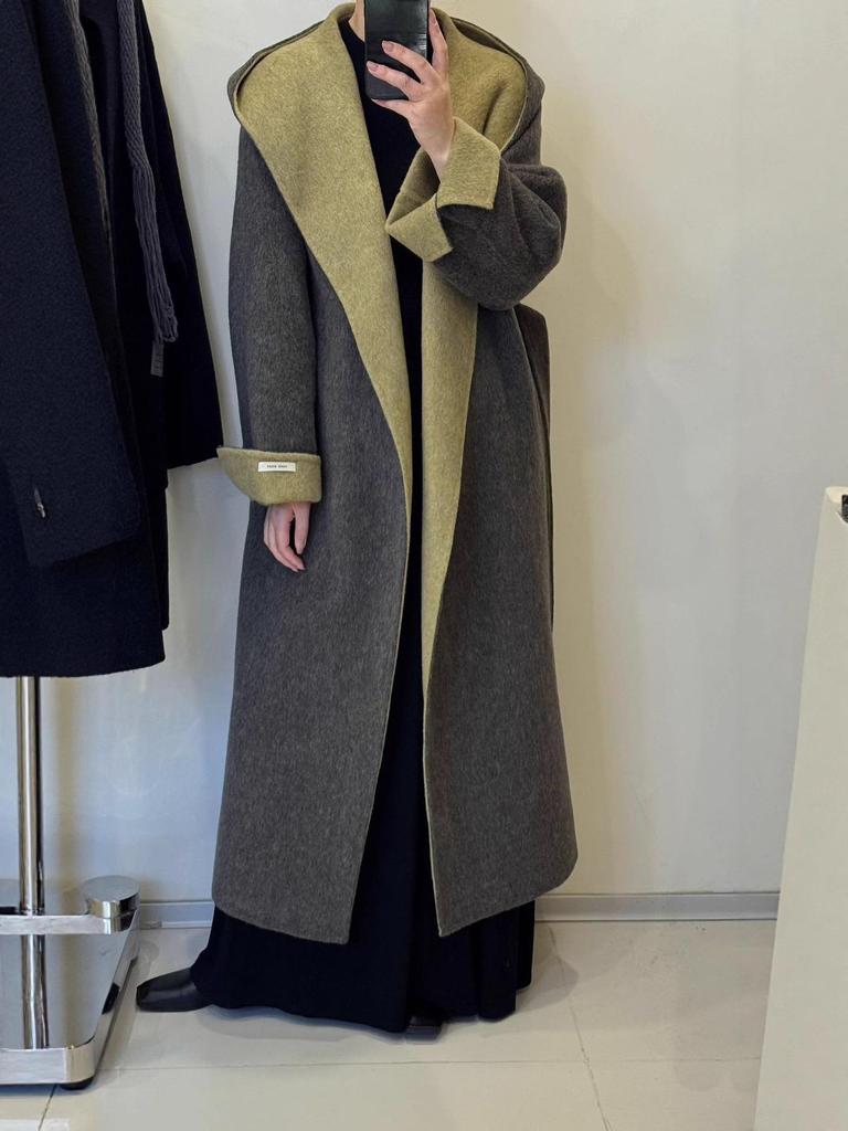 Cloud Floss Women's Double-Faced Wool Coat: Tie-Waist Hooded, Large Lapel, Loose Fit, Thickened Temperament Overcoat.
