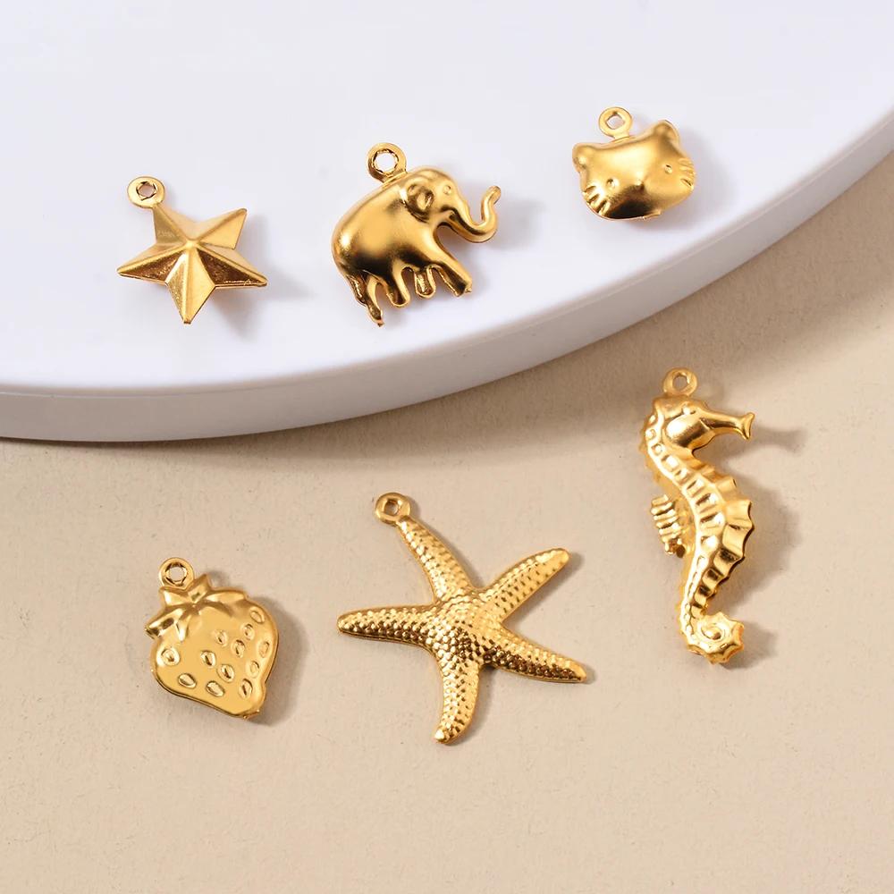 Wholesale 20pcs/lot Starfish Shell Strawberry Elephant Hollow Charms Pendant Stainless Steel DIY Jewelry Making Crafts