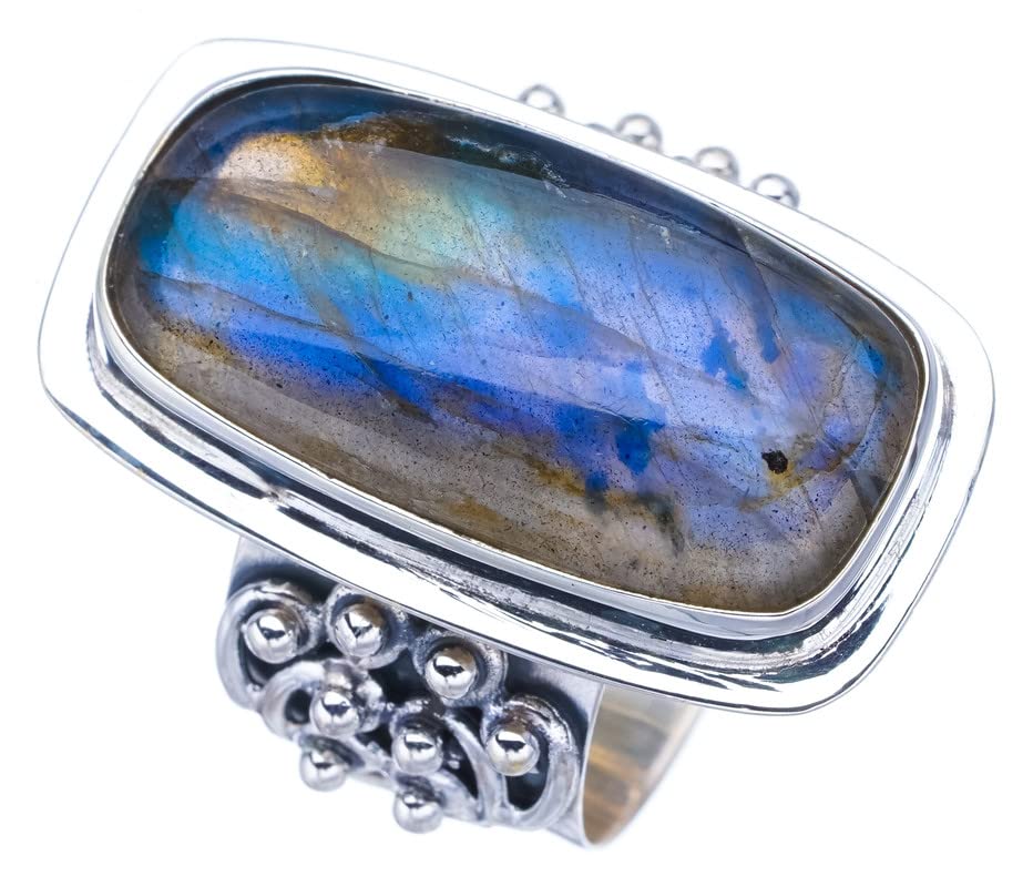 

StarGems® Natural Labradorite Wide Band Handmade 925 Sterling Silver Ring 7.75 F2626