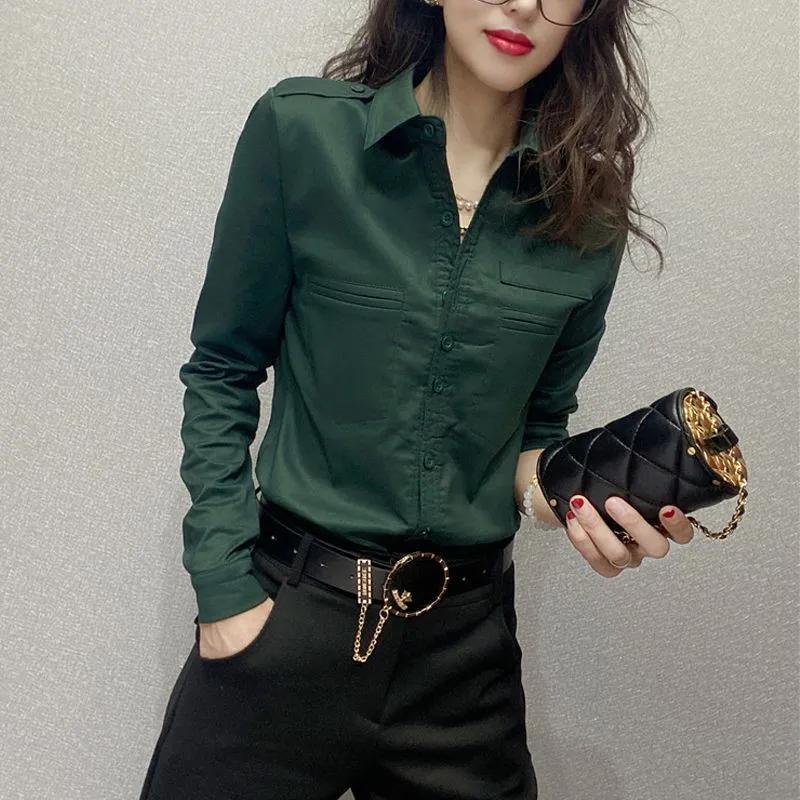 

Офисная женская блузка с отложным воротником и длинным рукавом, весенняя женская одежда, однотонная однобортная рубашка с карманами S