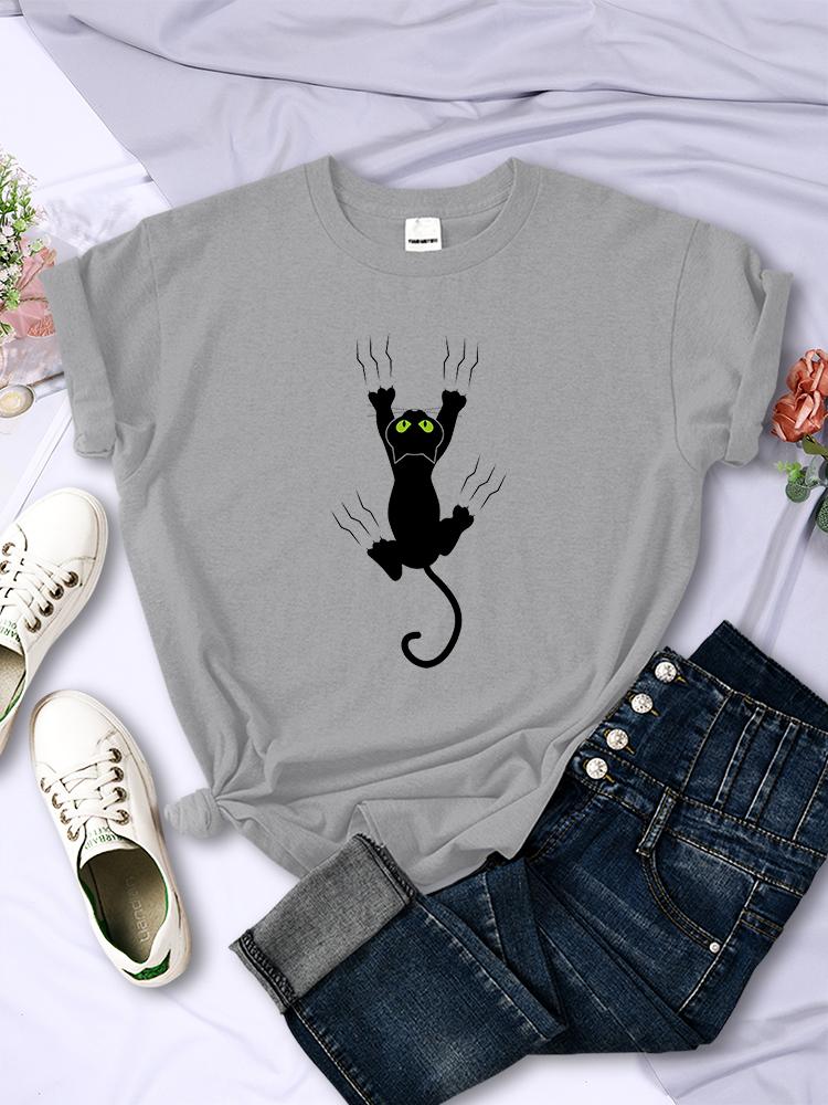 Naughty Black Cat Printed Women Tee Clothing Casual Breathable Short Sleeve Vintage Summer O-Neck Tops Fashion Womans T-Shirts