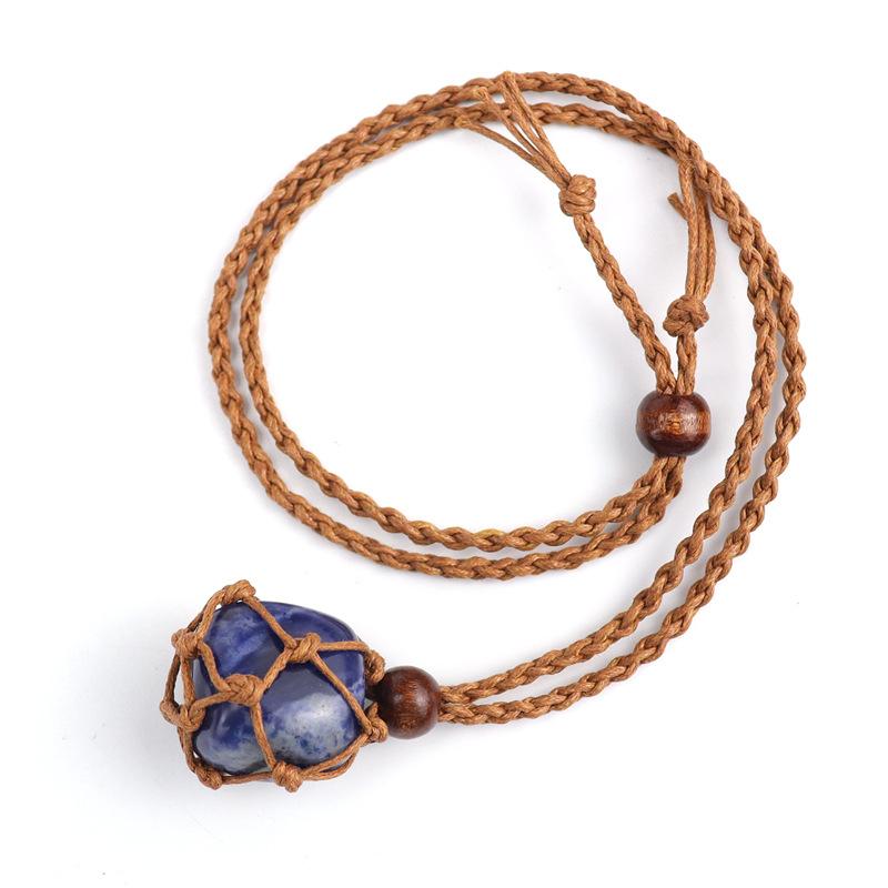 Natural Stone Crystal Rough Stone Mesh Pocket Hand-Woven Necklace Pendant, Adjustable N558