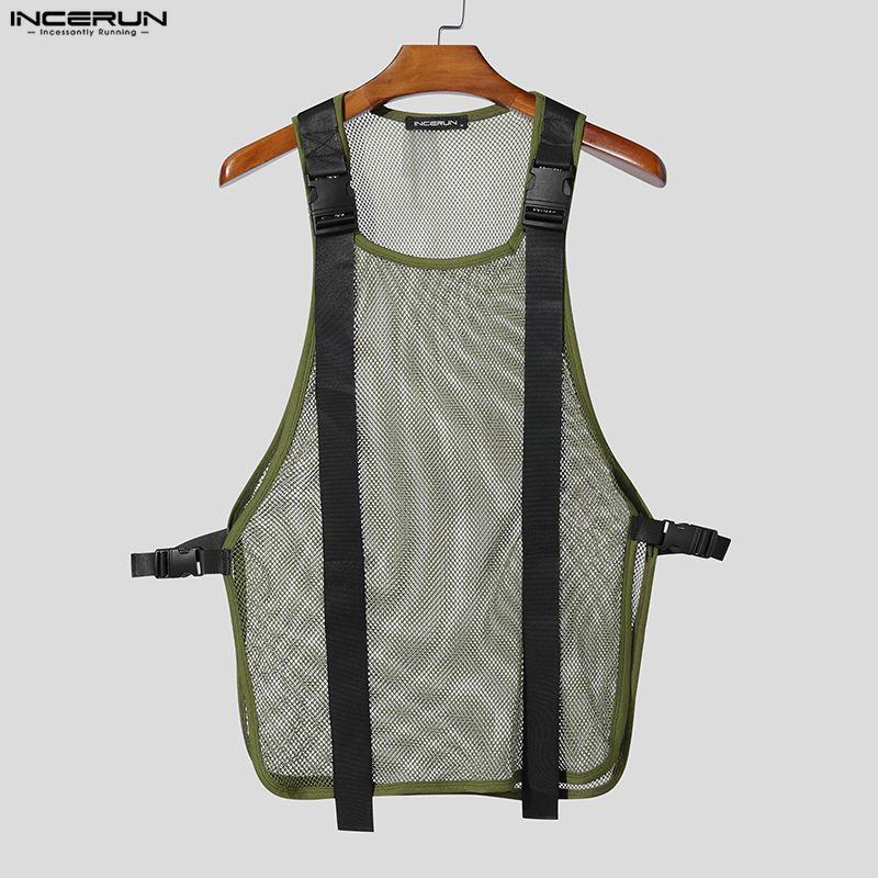 INCERUN Men Summer Sleeveless Mesh See Through Stitching Long Tank Tops