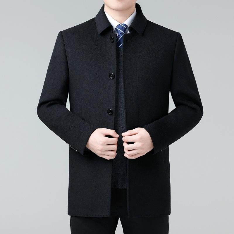 Double-sided Cashmere Coat for Men, Medium-length Woolen Woolen Autumn and Winter Thickened Middle-aged Dad Woolen Lapel Coat