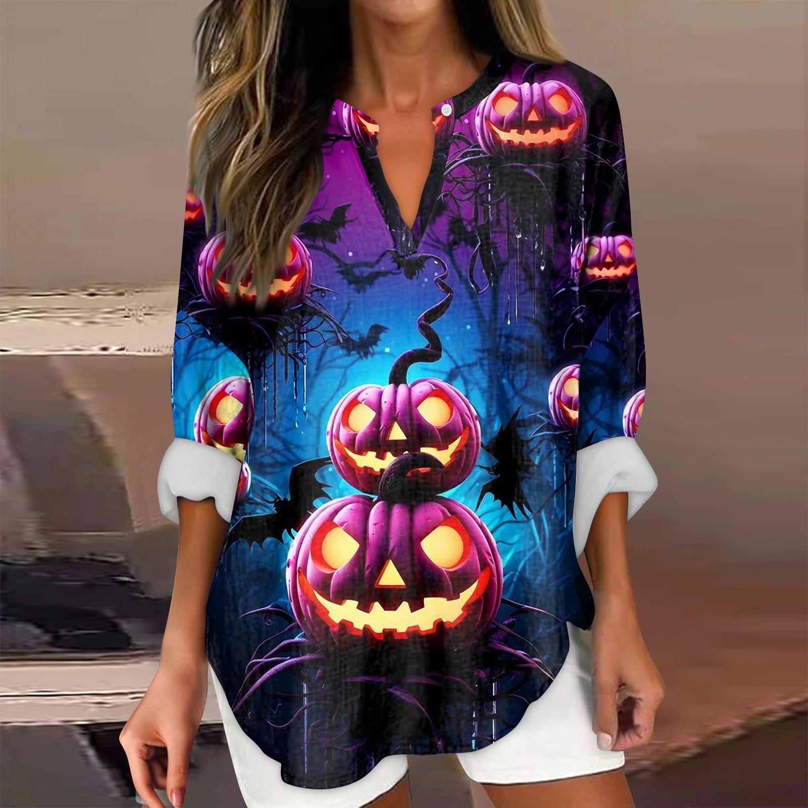 

Женские модные повседневные женские топы с v-образным вырезом и длинным рукавом с принтом на Хэллоуин S жёлтый