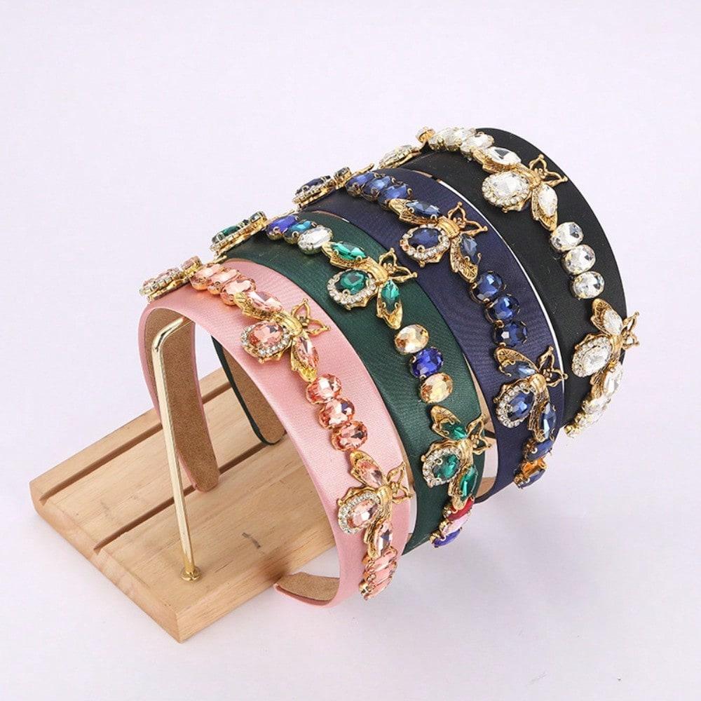 Color Crystal Bee Headband Fabric Wide Edge Headband Retro Rhinestone Hair Accessories