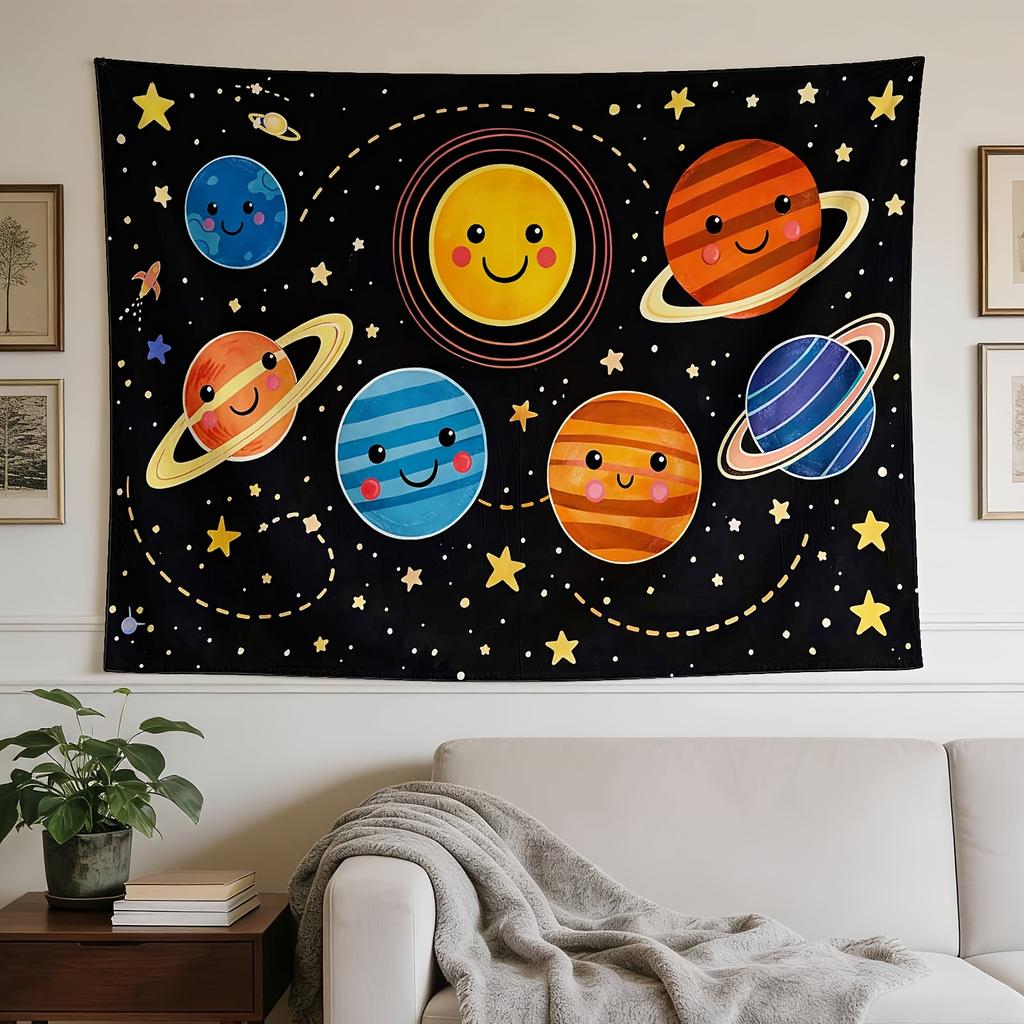 A Stylish Tapestry, Happy Solar System Planets, Perfect for Home Bedroom Dorm Wall Decor