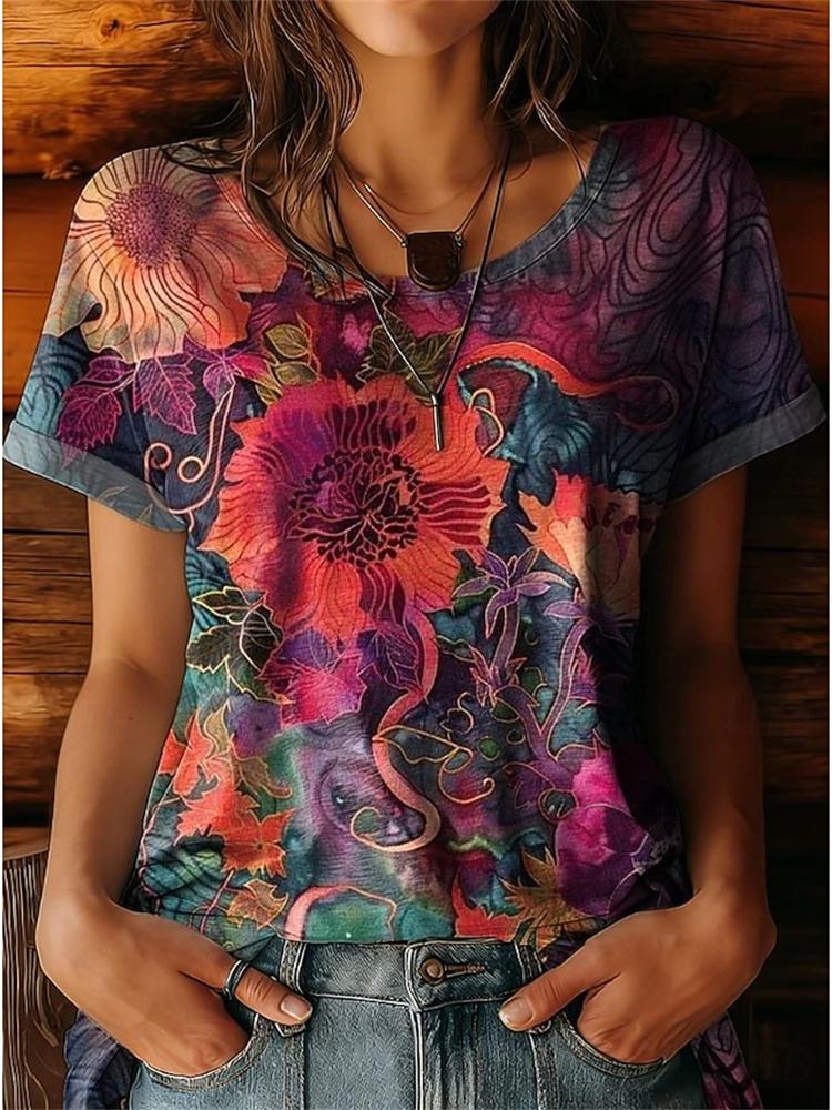 Women's Summer Fashion Casual T-Shirt 3D Floral Print Round-Neck Short-Sleeve Top Elegant and Chic Women's Short-Sleeve Top