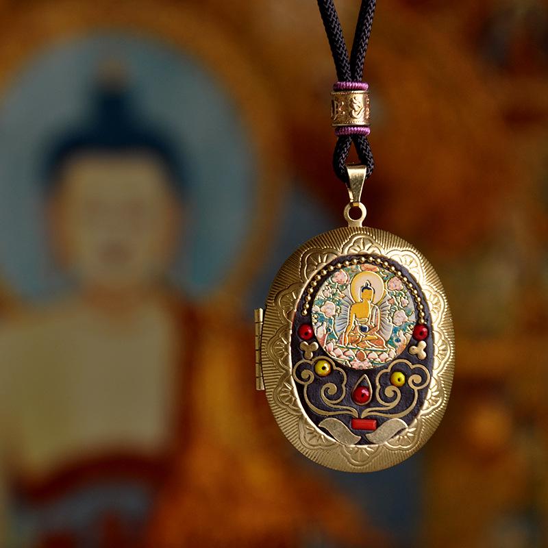 Vairochana Yellow Tibetan Amulet: Brass Box Pendant Necklace with Jambhala & Avalokiteshvara Hollow Design