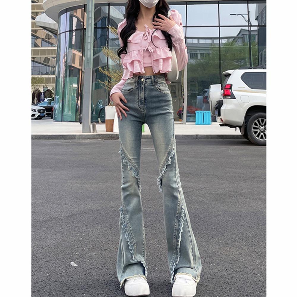 Micro-flared jeans women's spring and autumn new American retro high-waisted rough edge slim and thin horseshoe denim