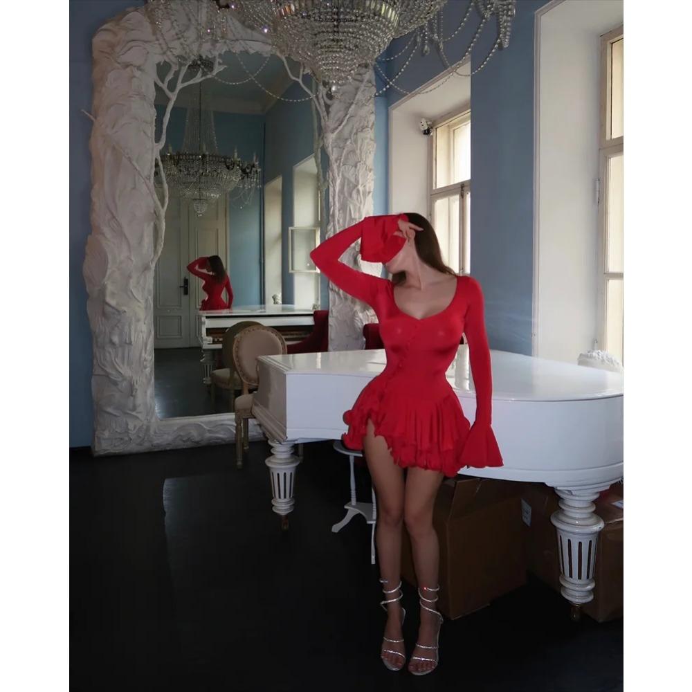 Dámské áčkové bodycon mini šaty s volánovým lemem, výstřihem do V, asymetrickými knoflíky, dlouhým rukávem, krátké šaty, párty, streetové oblečení