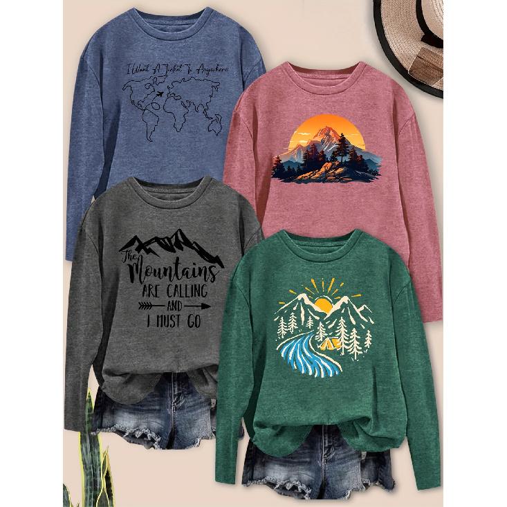 Elegant women s long-sleeve top with beautiful scenery and letter combination pattern print, round neck, suitable for spring, summer, autumn, and S
