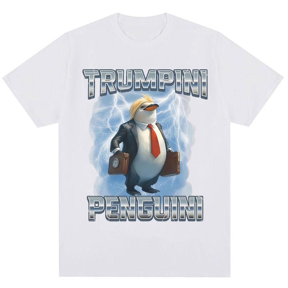 Funny Trumpini Penguini Meme Print T Shirt Italian Brainrot Humor Trendy Short Sleeve Men Women Loose Cotton T-Shirts Streetwear