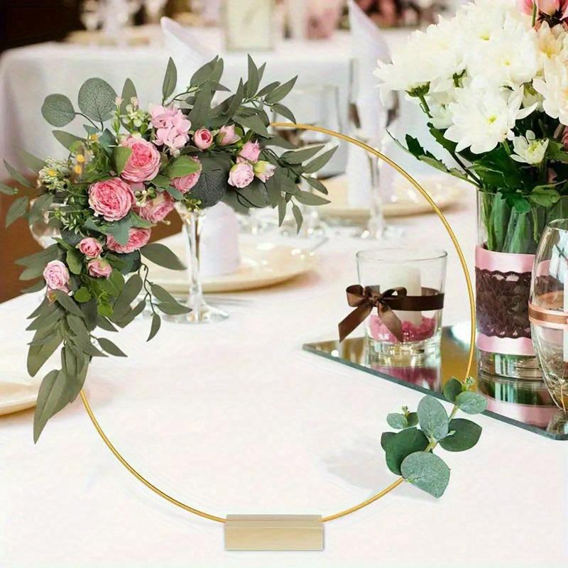 Gold Metallic Garland Centerpiece with Wooden Stand - Elegant DIY Circle Decoration for Wedding, No Power Required, Birthday Decorations