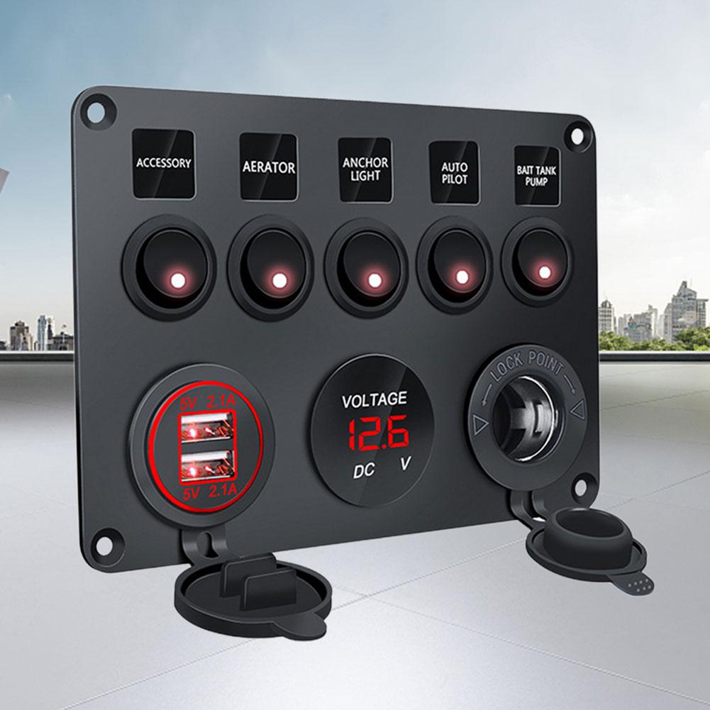 Panneau de Commande d'Interrupteur de Lumière LED 5 Gangs 12V Voltmètre Chargeur USB 2 Contrôle de Circuit LED Marche Arrêt pour RV Camion Bateau VTT Caravane