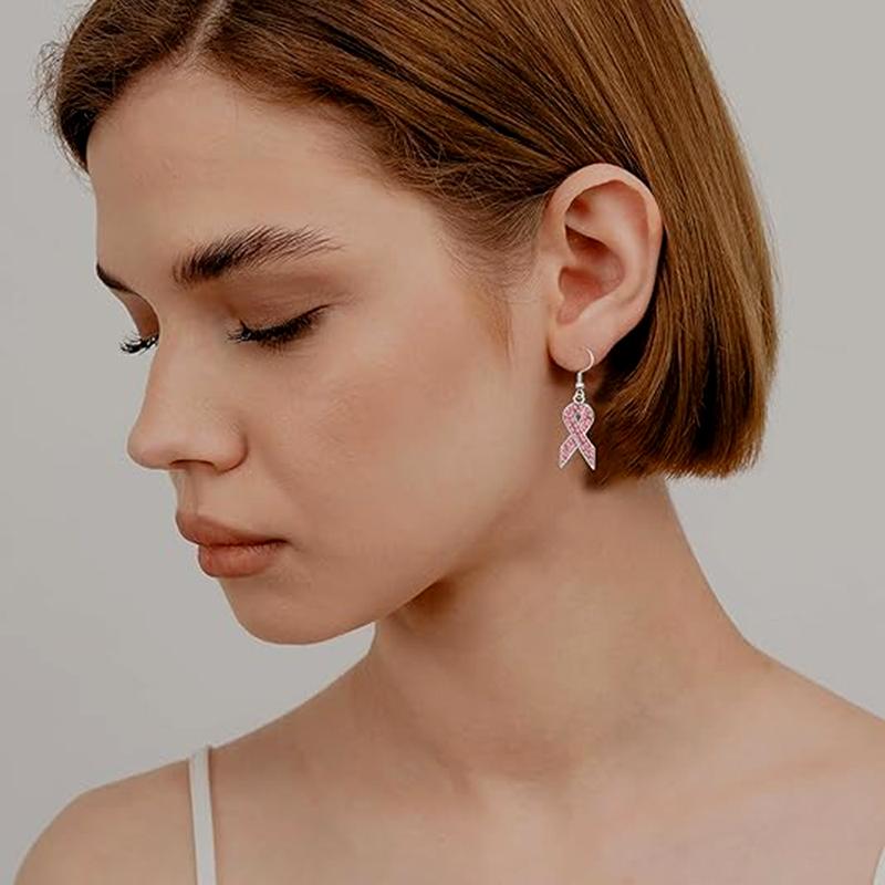 Breast Cancer Awareness Earrings Jewelry Rhinestone Crystal Pink Ribbon Dangle Earrings For Women