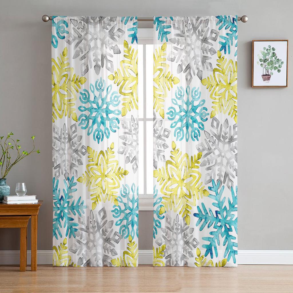 Christmas Blue Snowflake Texture Living Room Transparent Tulle Window Curtain Bedroom Kitchen Decor Veil Drapes Curtains