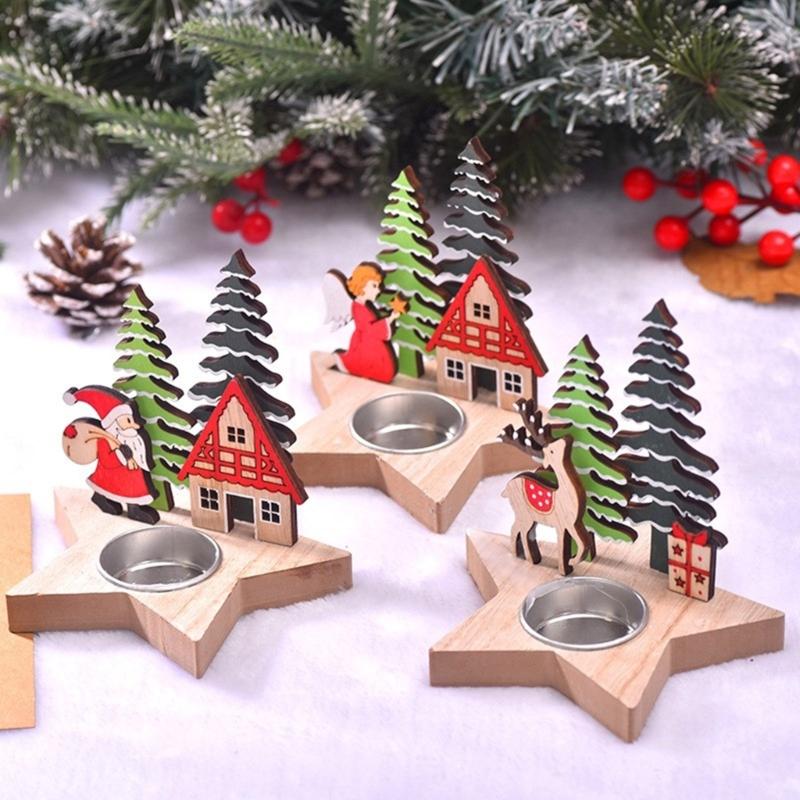 Wood Candlestick Candle Holder with Santa Elk Carving Optional Perfect for Christmas Decoration