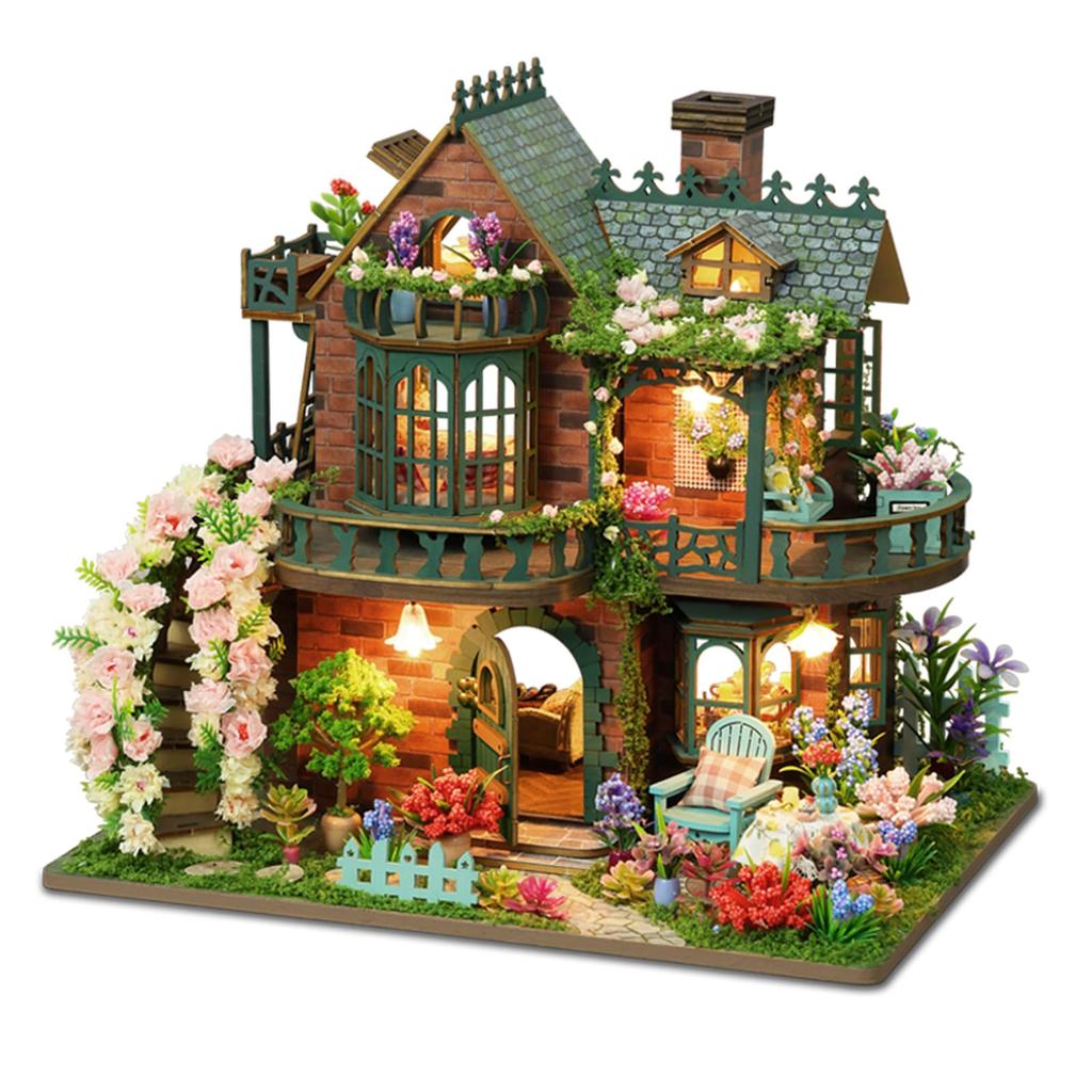 QmXCyzl DIY Dollhouse Miniature Kit for Beginners, Furniture, Room Decoration, 3D Architectural Model, No Dust Cover, Hobby, Handmade (Elf Garden)