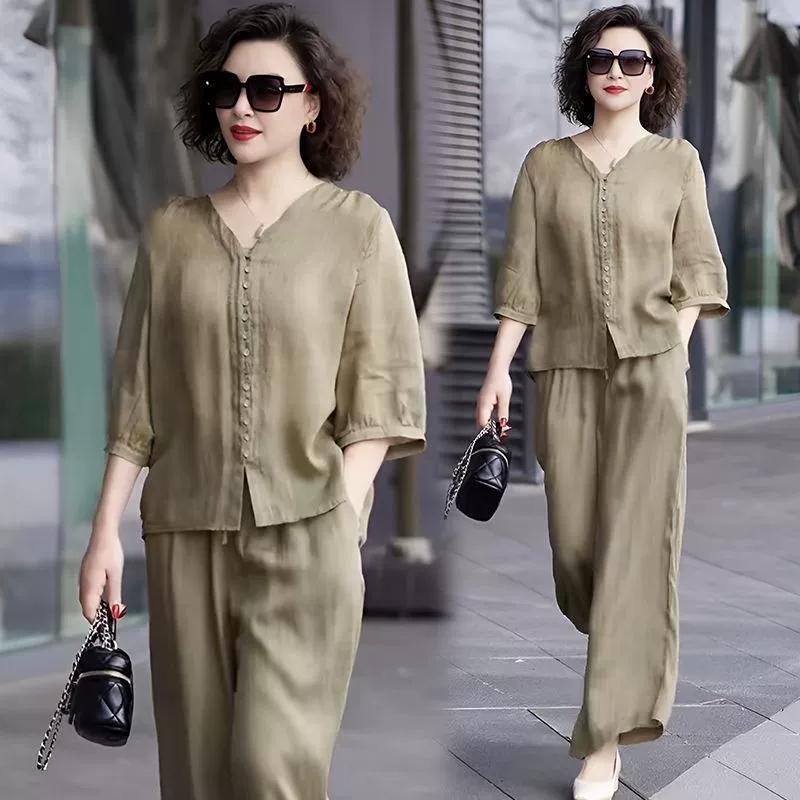 

Летний женский повседневный костюм из льна Tencel в корейском стиле для мам среднего возраста, блузка с широкими брюками, костюм из двух частей XS