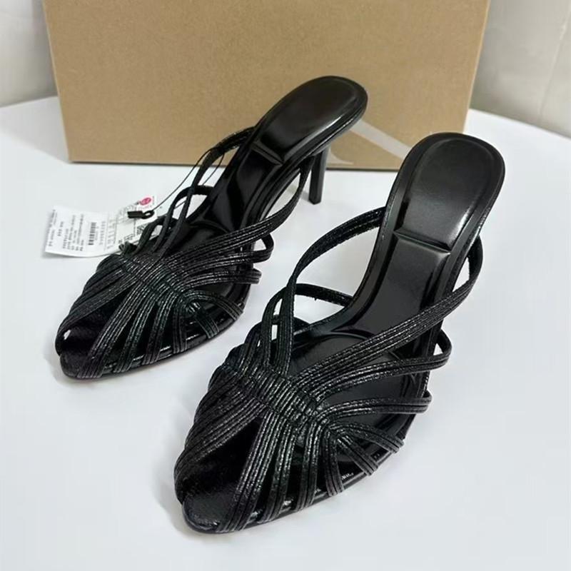 

2025 Summer Narrow band Peep toe Women Slippers Sandals Sexy Hollow out High heels Beach Mules Slides Slingbacks Shoes 42 чёрный