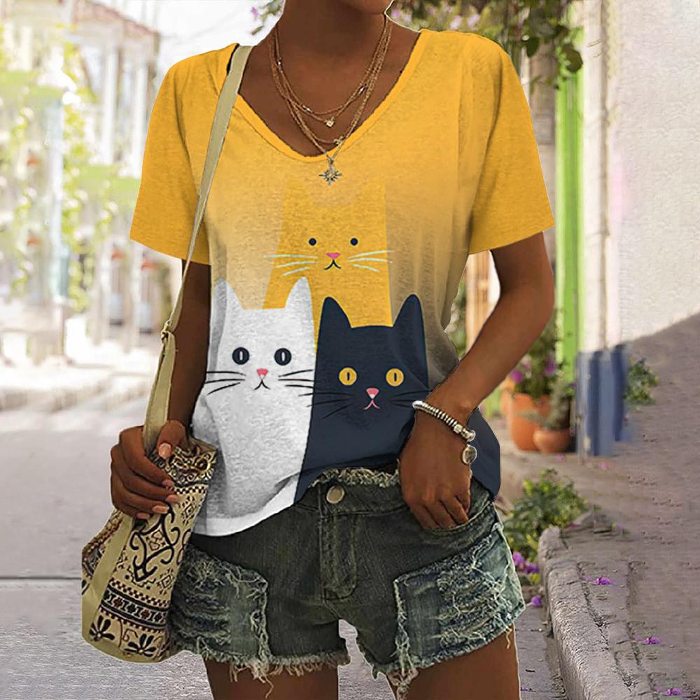 Women's T Shirt Summer Cat print Casual Short Sleeve V-Neck Tee Fashion Streetwear Female Oversized Clothing