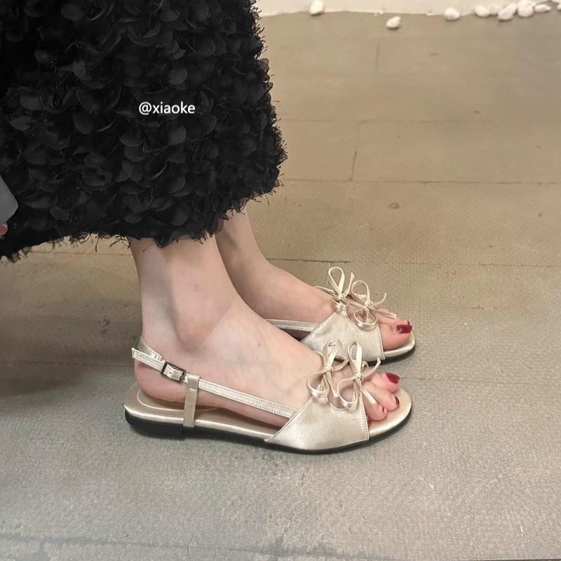 2025 summer new satin bow open-toed flat-soled soft-soled sandals round head outer wear flat-heeled cool slippers