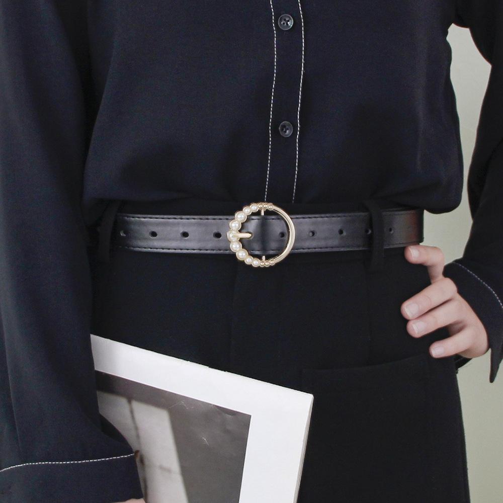 New Fashionable Round Pearl Buckle Women’s Leather Belt Korean-Style Beaded Versatile Minimalist Retro Jeans Belt
