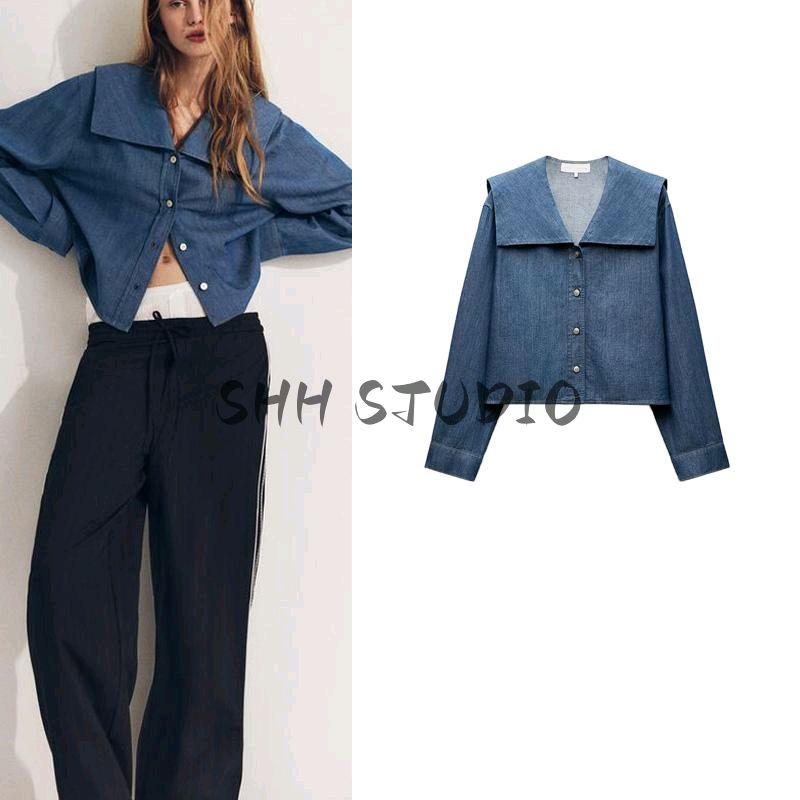 25 Spring New Women's Clothing French Retro Denim Effect Cotton Flat Lapel Long Sleeve Shirt 6929061