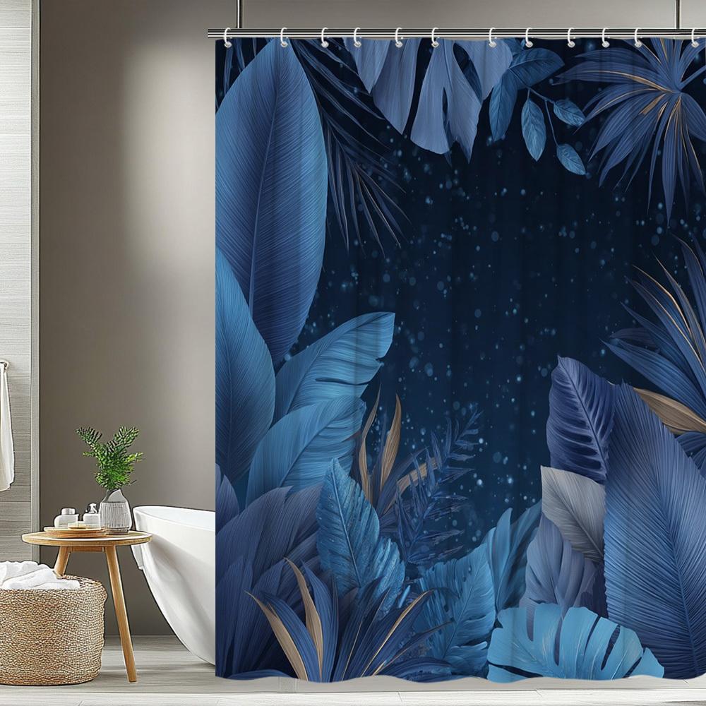 1 Stück Tropische Pflanze Duschvorhang mit Blauem Blatt und Sternenhimmelmuster, Badezimmerdekor, Polyesterstoff, Inklusive 12 Haken