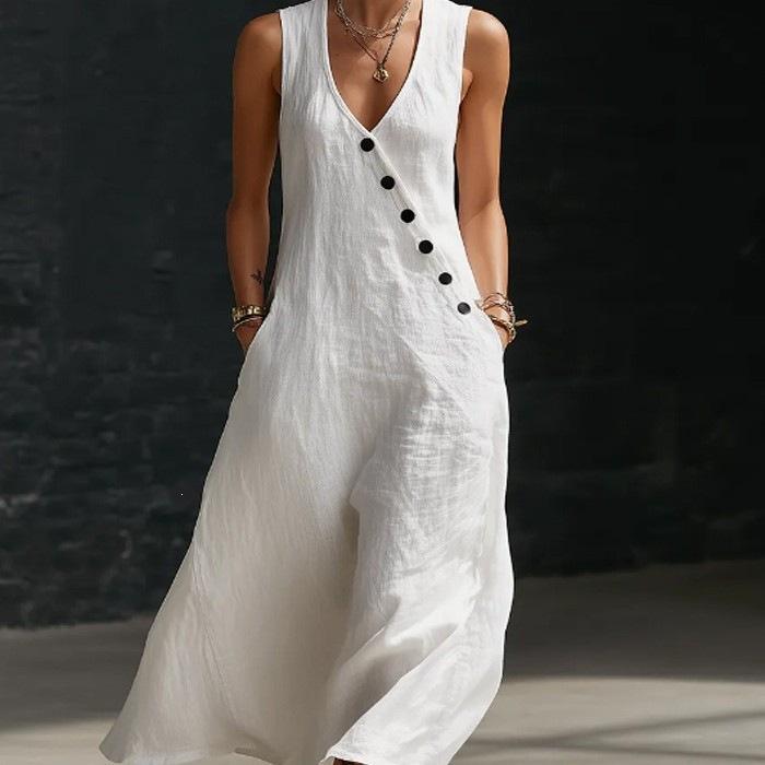 Spring and Summer European and American Lazy Style V-neck Breasted Sleeveless Vest Anti-cotton and Linen Casual Dress