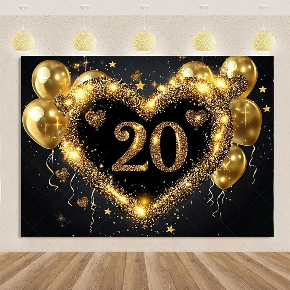 

Black Gold Balloons 20 Years Old Backdrop Supplies Adult 20th Birthday Party Decorations Glitter Background Photography Props 120X90CM