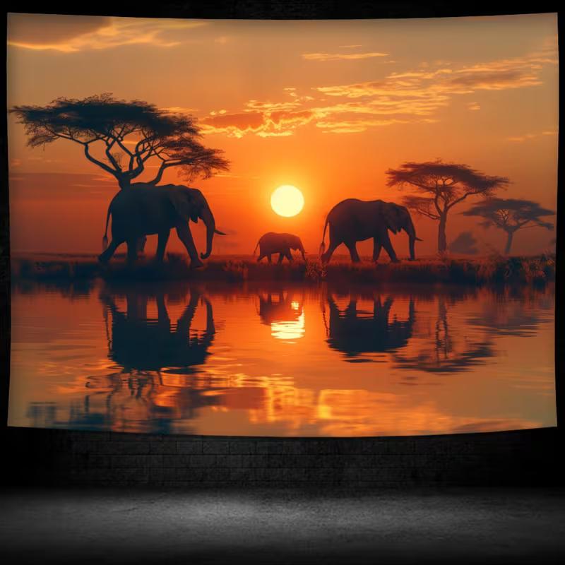 2D Serengeti Sunset Elephant Tapestry, Nature Animal Scenery Wall Hanging for Home Decor