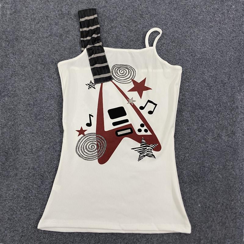Europejski i amerykański retro pikantny dziewczęcy punk rockowy patchworkowy bezrękawnik z nadrukiem gitary