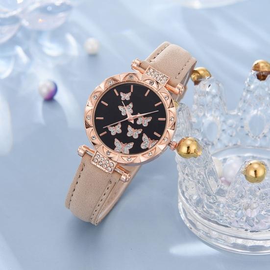 Yousheng 1 Set Women Watch Necklace Bracelet Ring Ear Studs Rhinestone Butterflies Round Faux Leather Strap Ladies Dress Wrist Watch Fashion Jewelry