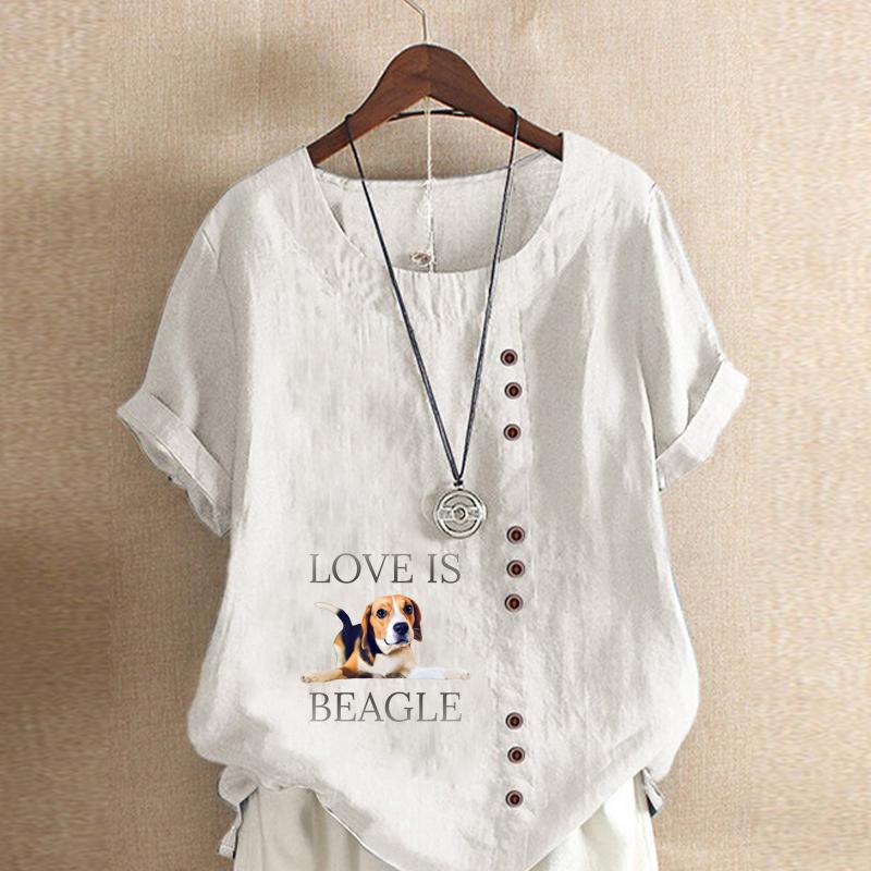 Women's Fashion Dog Prined Round Neck Short Sleeve T-shirt Casual Cotton Linen Graphic Shirt Leisure Loose Summer Blouse Tops