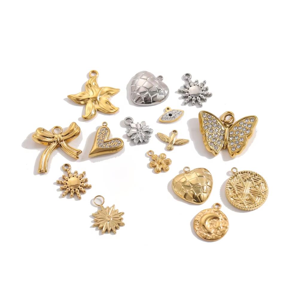 CARLIDANA New Gold Plated Charm Stainless Steel DIY Jewelry Pendant Multicolor Zircon Heart Butterfly Sun Flower Bowknot