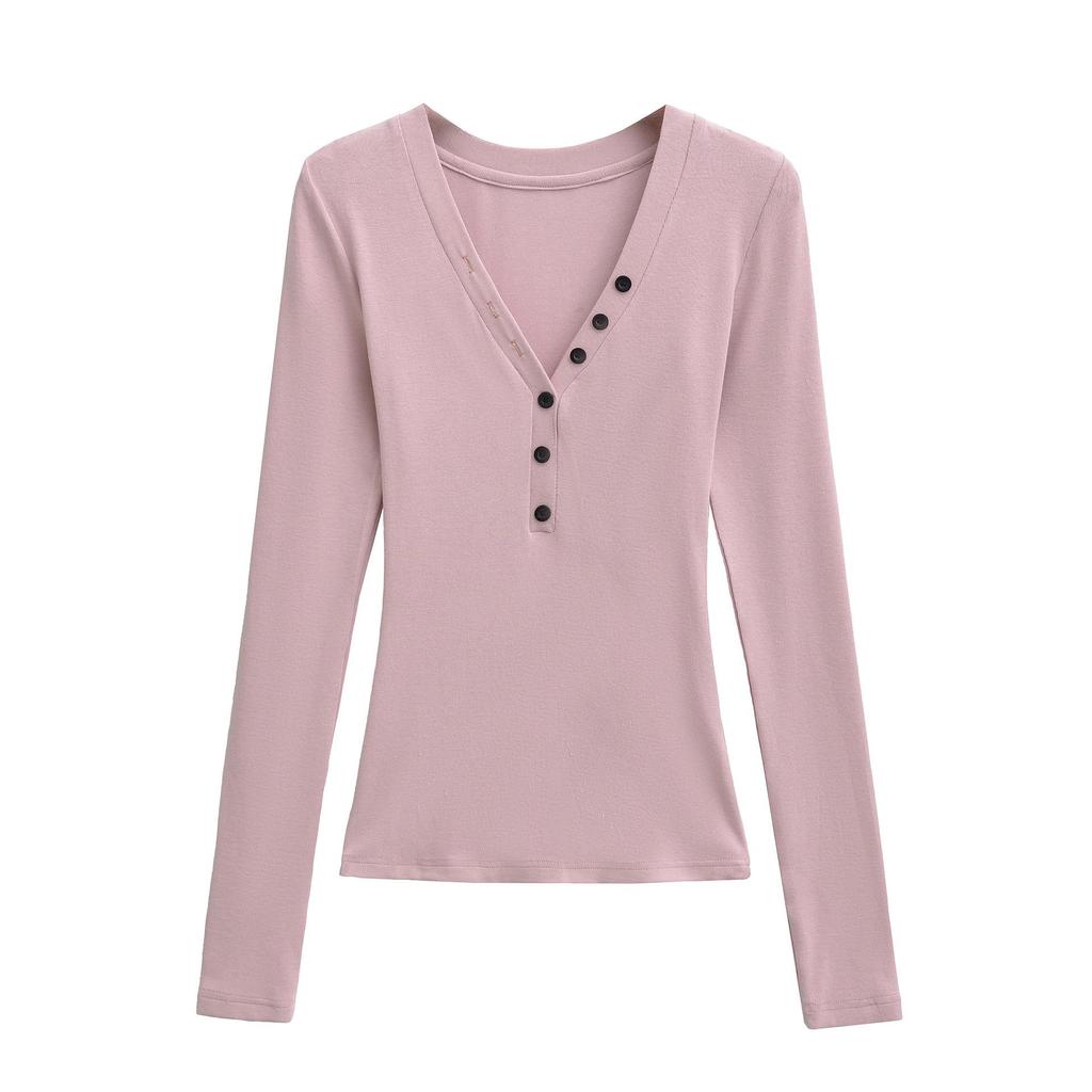 Spicy Lazy Girl V-neck Button Long Sleeve Women's Autumn/Winter Base Layer Elastic Fit T-shirt