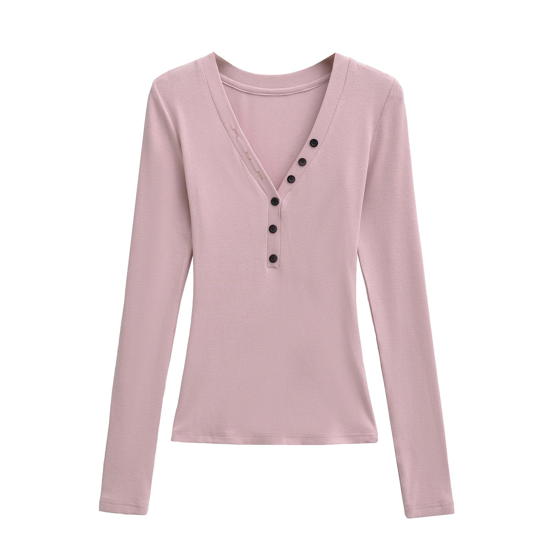 

Spicy Lazy Girl V-neck Button Long Sleeve Women s Autumn/Winter Base Layer Elastic Fit T-shirt M рожевий