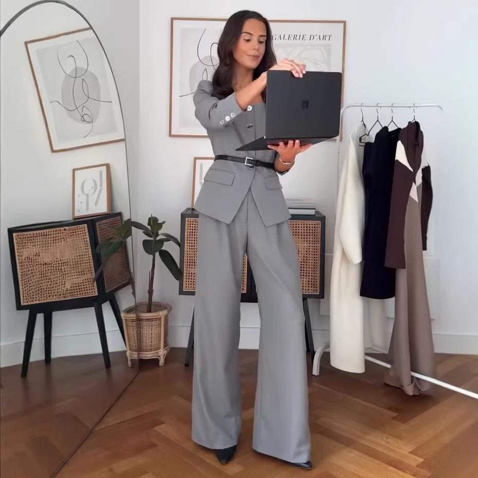 Amazon cross-border 2026 autumn new European and American square collar temperament commuter belt button wide-leg pants set