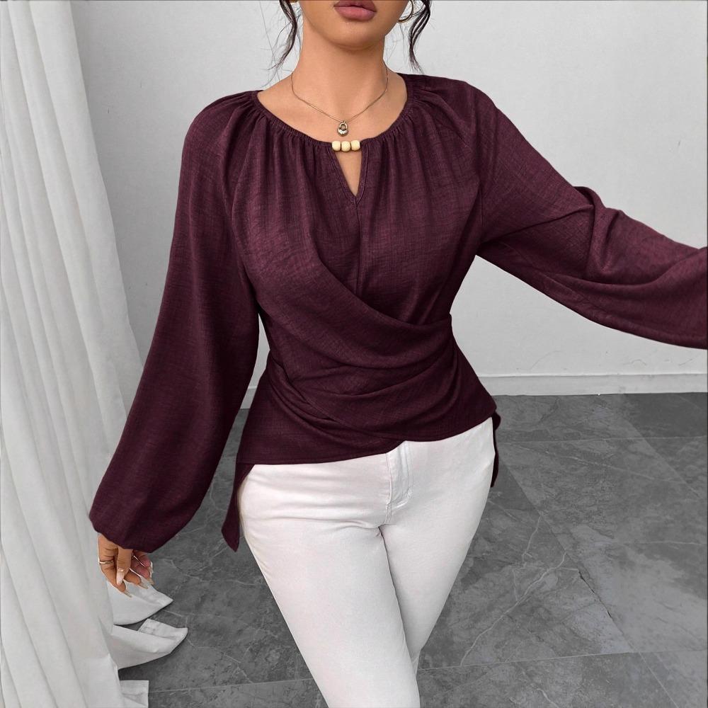 Women's V Neck Long Sleeve Regular Fit Elegant Wrap Blouse Shirt for Winter Daily Wear