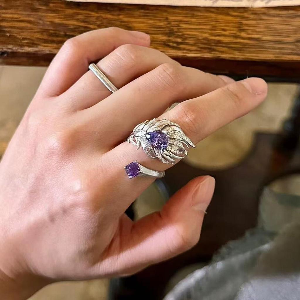 French Light Luxury Purple Flash Diamond Wing Silver Silk Opening Ring Women's Niche Personality Design Advanced Sense Index Finger Ring