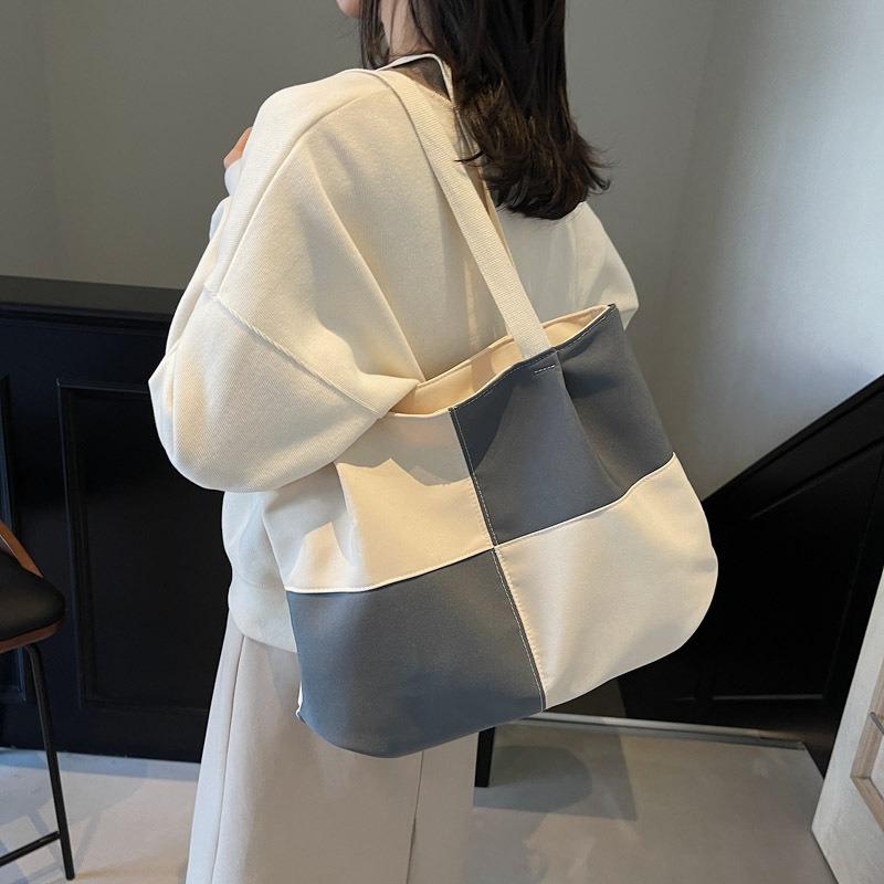 Canvas Bag Women's Large-capacity Autumn and Winter New Contrasting Color Shoulder Bag Texture Class Commuter Tote Bag