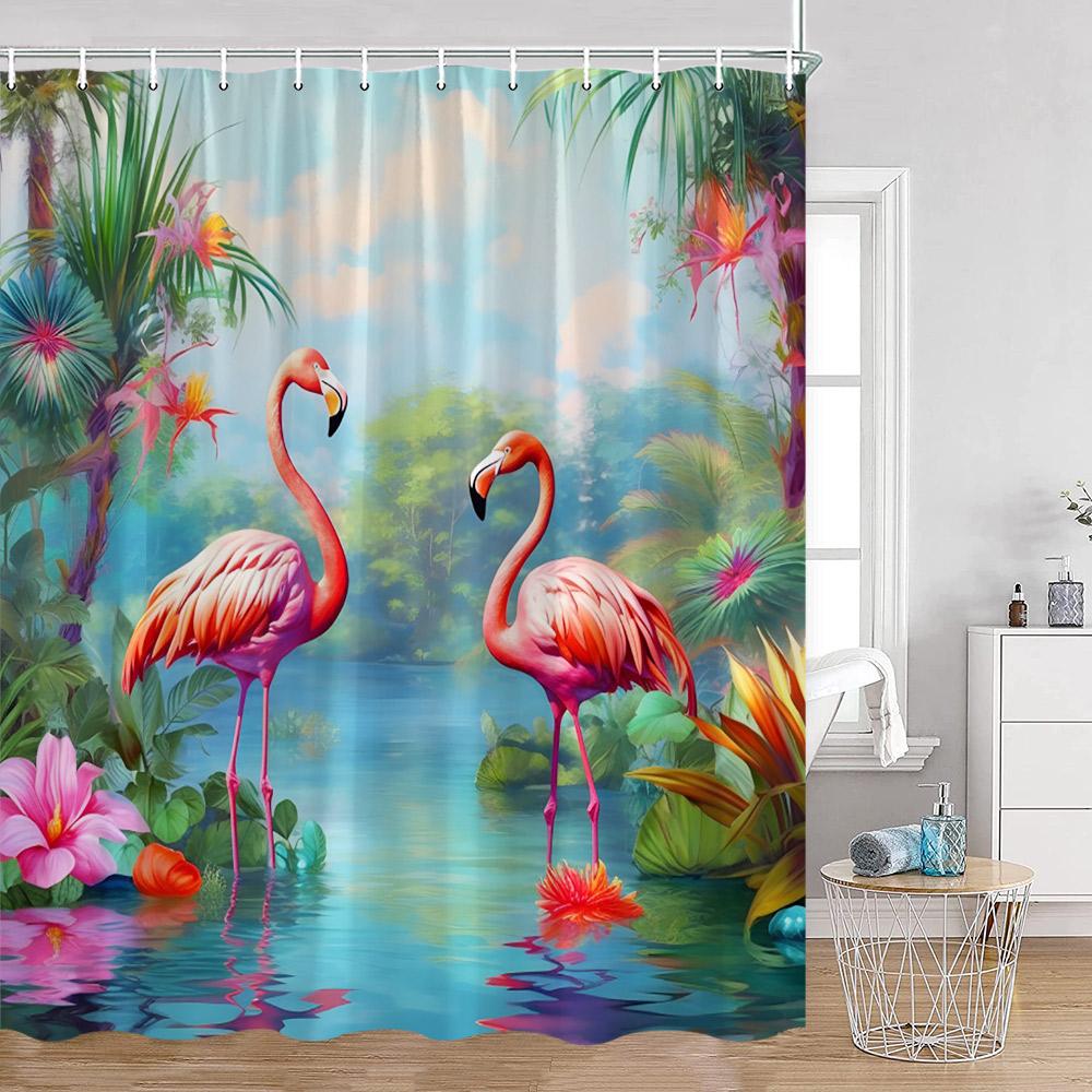 Flamingo Pink Birds Shower Curtains Tropical Palm Leaves Plants Jungle Nordic Bath Curtain Summer Vacation Fabric Bathroom Decor