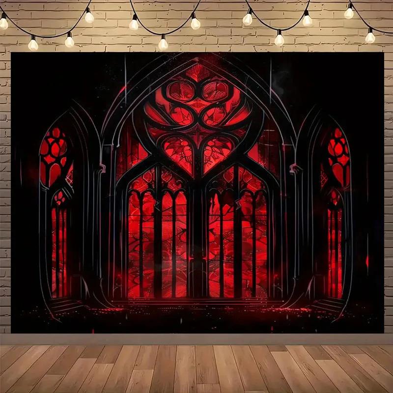 1 piece, 2D flat, Gothic black and red vintage banner backdrop with stained glass window design - perfect for party decorations,